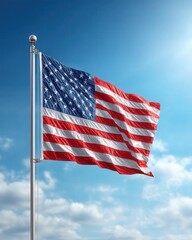 Obraz premium USA flag waving proudly in the wind against a bright blue sky, soft clouds, and the shining sun, captured in crisp detail with a patriotic atmosphere.