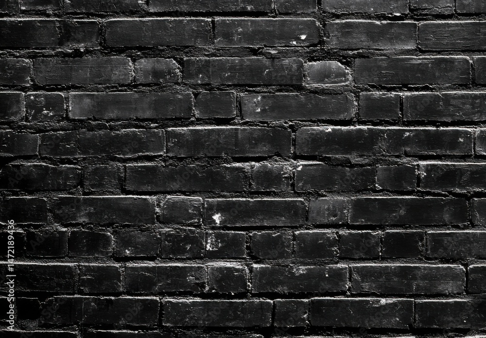 Poster a detailed close up of a dark, black painted brick wall texture, showing individual bricks and morta
