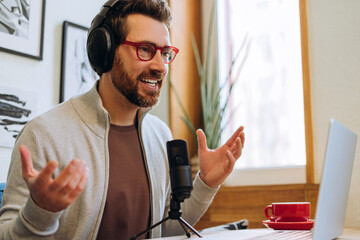 Content creator recording podcast in home studio