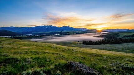 Sunrise over a misty valley, showcasing majestic mountains in the distance, bathed in the golden light of dawn.  A tranquil scene of nature's beauty. : Generative AI