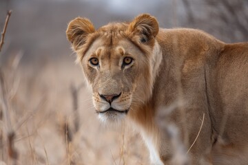 A lioness stands in the savanna, looking intently at something off-camera. She has golden fur and piercing eyes. The background is blurred to focus on her face.