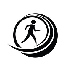 Modern minimalist black and white illustration of a running figure inside of a circular abstract design.