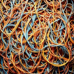 Tangled mess of bright LAN cables in chaotic layers and knots Generative AI
