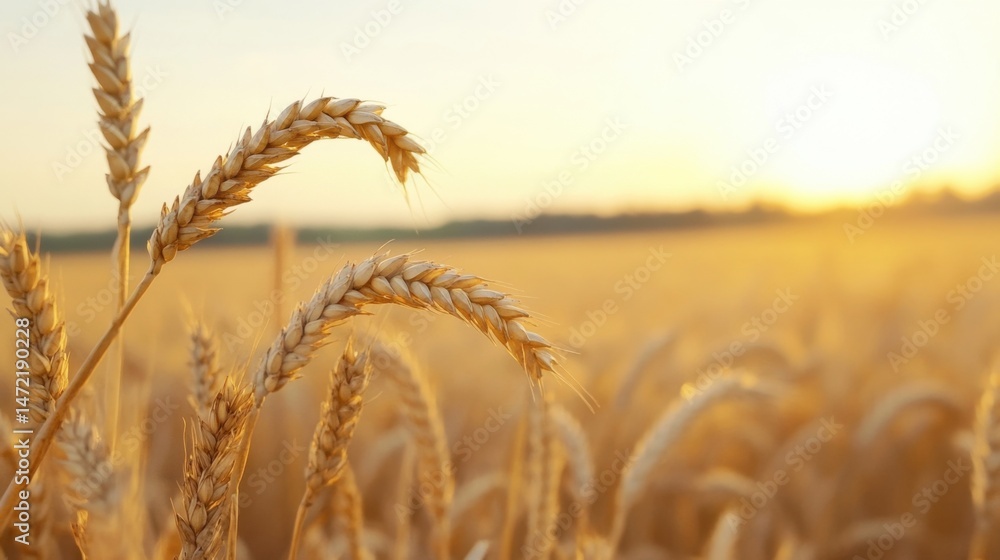 Poster golden wheat stalks illuminated by the warm glow of a setting sun in a vast field, showcasing the ri
