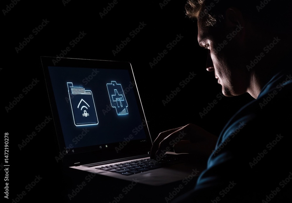 Leinwandbilder A man works late at night on his laptop, illuminated by the soft glow of icons representing data transfer and healthcare on the screen. : Generative AI