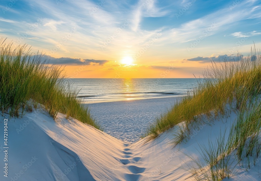 Aufkleber Sunset view through dunes leading to a tranquil beach with golden hour light reflecting on the calm ocean water. : Generative AI