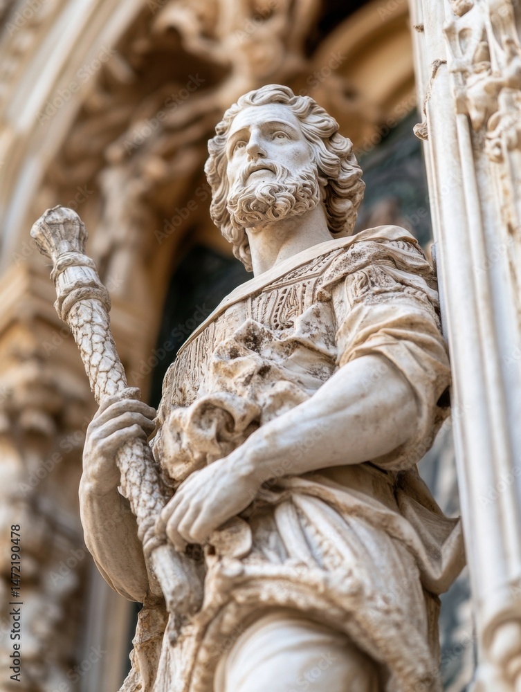 Poster close-up view of an ancient, weathered marble statue of a bearded man, holding a torch, affixed to a