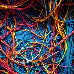 A complex web of multicolored network cables intricately tangled across the surface Generative AI