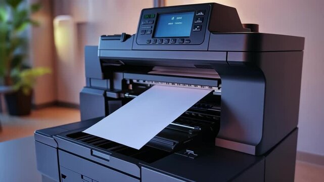 Close-up of a printer with paper in a modern office