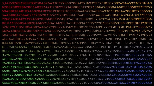 Abstract animated visualization of the Pi, &pi;, digits being decoded from characters and symbols, revealing the infinite sequence of Pi digits, transparent background with alpha channel, color version