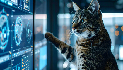Cat interacting with technology touching large data display screen
