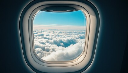 Aerial view of fluffy clouds from an airplane window.  Vast expanse of cloudscape below, vibrant blue sky above