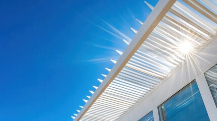 Modern white pergola structure with sun rays shining through, creating a bright and sunny outdoor scene against a vibrant blue sky. : Generative AI