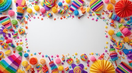 Obraz premium Vibrant party decorations frame a blank center.