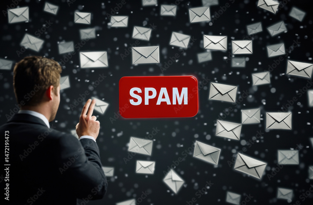 Poster Businessman interacts with a digital interface, filtering spam emails.  A red button labeled 'SPAM' is prominently displayed, surrounded by numerous email icons. : Generative AI