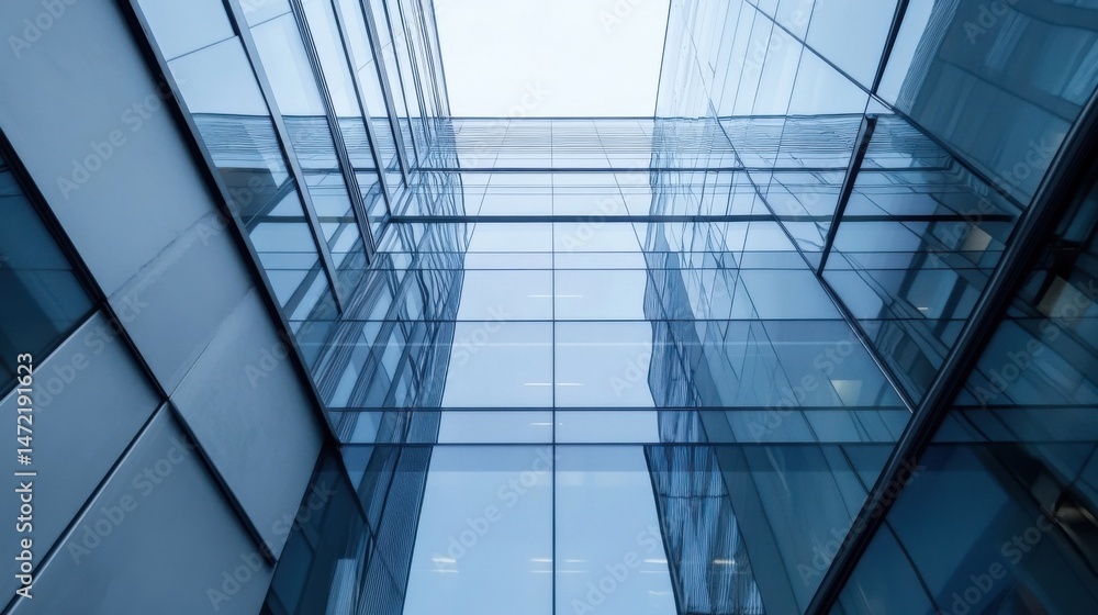 Aufkleber modern glass skyscraper exterior, low angle view showcasing geometric patterns and reflections of th