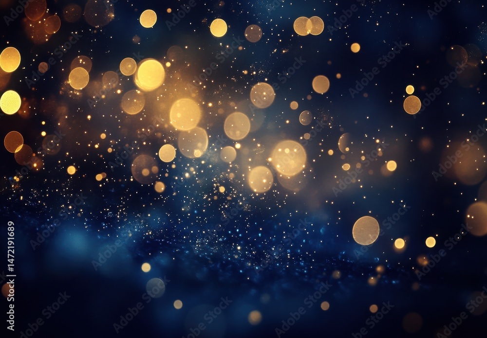 Poster abstract background with golden and blue bokeh lights, perfect for celebratory designs or luxurious 