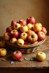 A vibrant still life of freshly picked apples, arranged artfully in a woven basket or a shallow, ornate bowl, set against a soft, creamy background