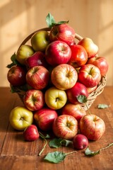 A vibrant still life of freshly picked apples, arranged artfully in a woven basket or a shallow, ornate bowl, set against a soft, creamy background
