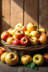 A vibrant still life of freshly picked apples, arranged artfully in a woven basket or a shallow, ornate bowl, set against a soft, creamy background