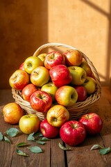 A vibrant still life of freshly picked apples, arranged artfully in a woven basket or a shallow, ornate bowl, set against a soft, creamy background