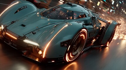 Naklejka premium Sleek new generation futuristic car with aerodynamic design and glowing lights, set against a minimal tech-inspired background — a vision of tomorrow’s mobility.
