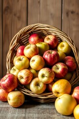 A vibrant still life of freshly picked apples, arranged artfully in a woven basket or a shallow, ornate bowl, set against a soft, creamy background
