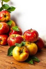 A vibrant still life of freshly picked apples, arranged artfully in a woven basket or a shallow, ornate bowl, set against a soft, creamy background