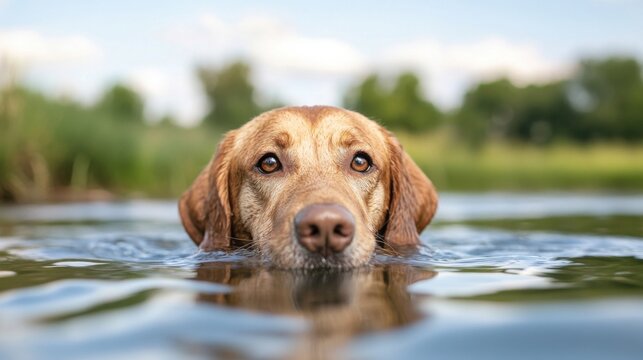 A fox red labrador retriever dog swims in a calm river, its head emerging from the water, looking directly at the camera with gentle eyes. : Generative AI