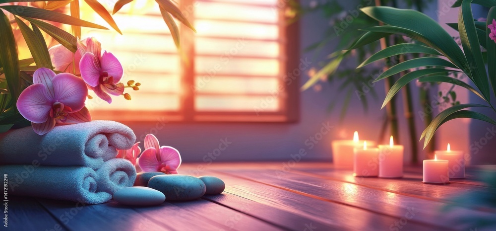 Poster serene spa setting with pink orchids, rolled towels, smooth stones, and softly glowing candles at su