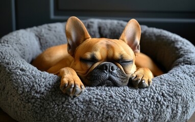 French Bulldog sleeping soundly in cozy pet bed.
