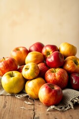 A vibrant still life of freshly picked apples, arranged artfully in a woven basket or a shallow, ornate bowl, set against a soft, creamy background