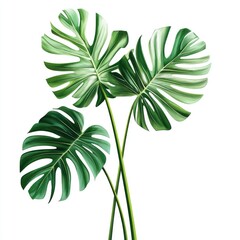 Tropical leaves arrangement.  Three lush, vibrant monstera leaves, with intricate veining, stand tall against a white background.  The deep green leaves create a sense of lushness and life