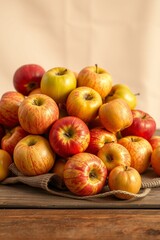 A vibrant still life of freshly picked apples, arranged artfully in a woven basket or a shallow, ornate bowl, set against a soft, creamy background