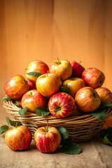A vibrant still life of freshly picked apples, arranged artfully in a woven basket or a shallow, ornate bowl, set against a soft, creamy background
