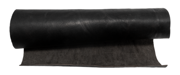 A rolled piece of black genuine leather on a white background. Piece of leather