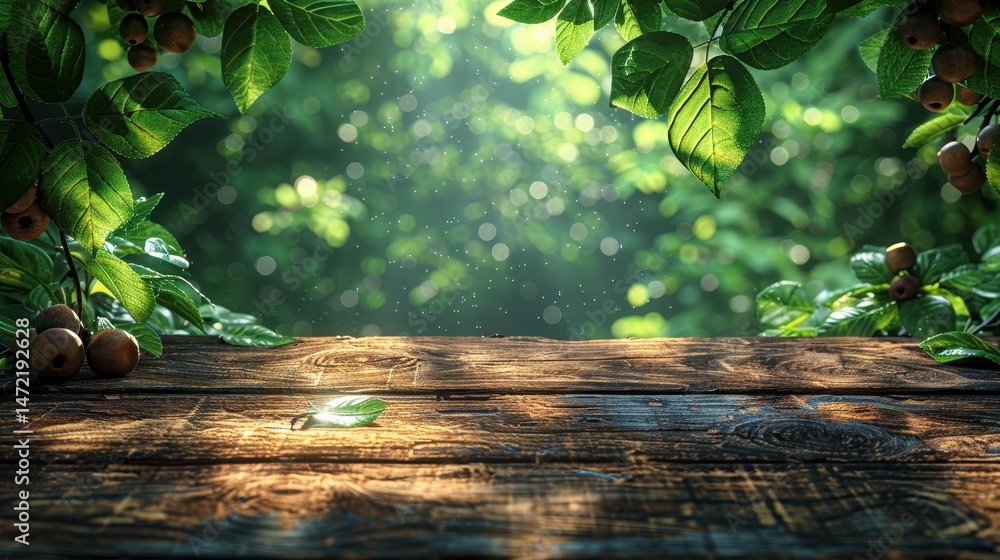 Aufkleber rustic wooden table with green leaves and sunlight in a garden setting