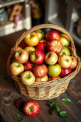 A vibrant still life of freshly picked apples, arranged artfully in a woven basket or a shallow, ornate bowl, set against a soft, creamy background