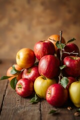 A vibrant still life of freshly picked apples, arranged artfully in a woven basket or a shallow, ornate bowl, set against a soft, creamy background