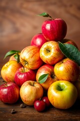 A vibrant still life of freshly picked apples, arranged artfully in a woven basket or a shallow, ornate bowl, set against a soft, creamy background