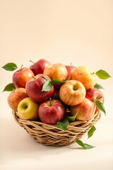 A vibrant still life of freshly picked apples, arranged artfully in a woven basket or a shallow, ornate bowl, set against a soft, creamy background