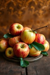 A vibrant still life of freshly picked apples, arranged artfully in a woven basket or a shallow, ornate bowl, set against a soft, creamy background