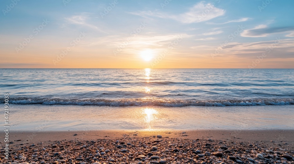Aufkleber serene sunset over calm ocean waves gently lapping a pebble beach, showcasing a tranquil and peacefu