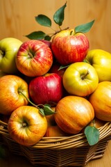 A vibrant still life of freshly picked apples, arranged artfully in a woven basket or a shallow, ornate bowl, set against a soft, creamy background