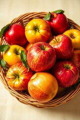 A vibrant still life of freshly picked apples, arranged artfully in a woven basket or a shallow, ornate bowl, set against a soft, creamy background