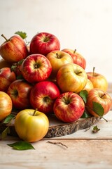 A vibrant still life of freshly picked apples, arranged artfully in a woven basket or a shallow, ornate bowl, set against a soft, creamy background