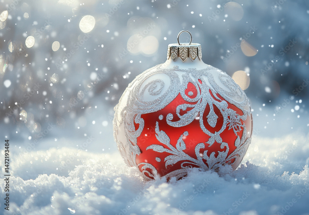 Poster a red and white christmas ornament rests in the snow, adorned with a silver filigree design, sparkli