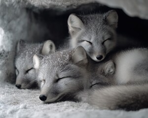 Naklejka premium Three arctic foxes sleeping in a stone cave, cute and adorable, with white fur, soft lighting, in a natural environment, captured with a telephoto lens.