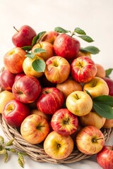 A vibrant still life of freshly picked apples, arranged artfully in a woven basket or a shallow, ornate bowl, set against a soft, creamy background