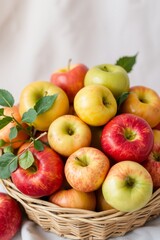 A vibrant still life of freshly picked apples, arranged artfully in a woven basket or a shallow, ornate bowl, set against a soft, creamy background